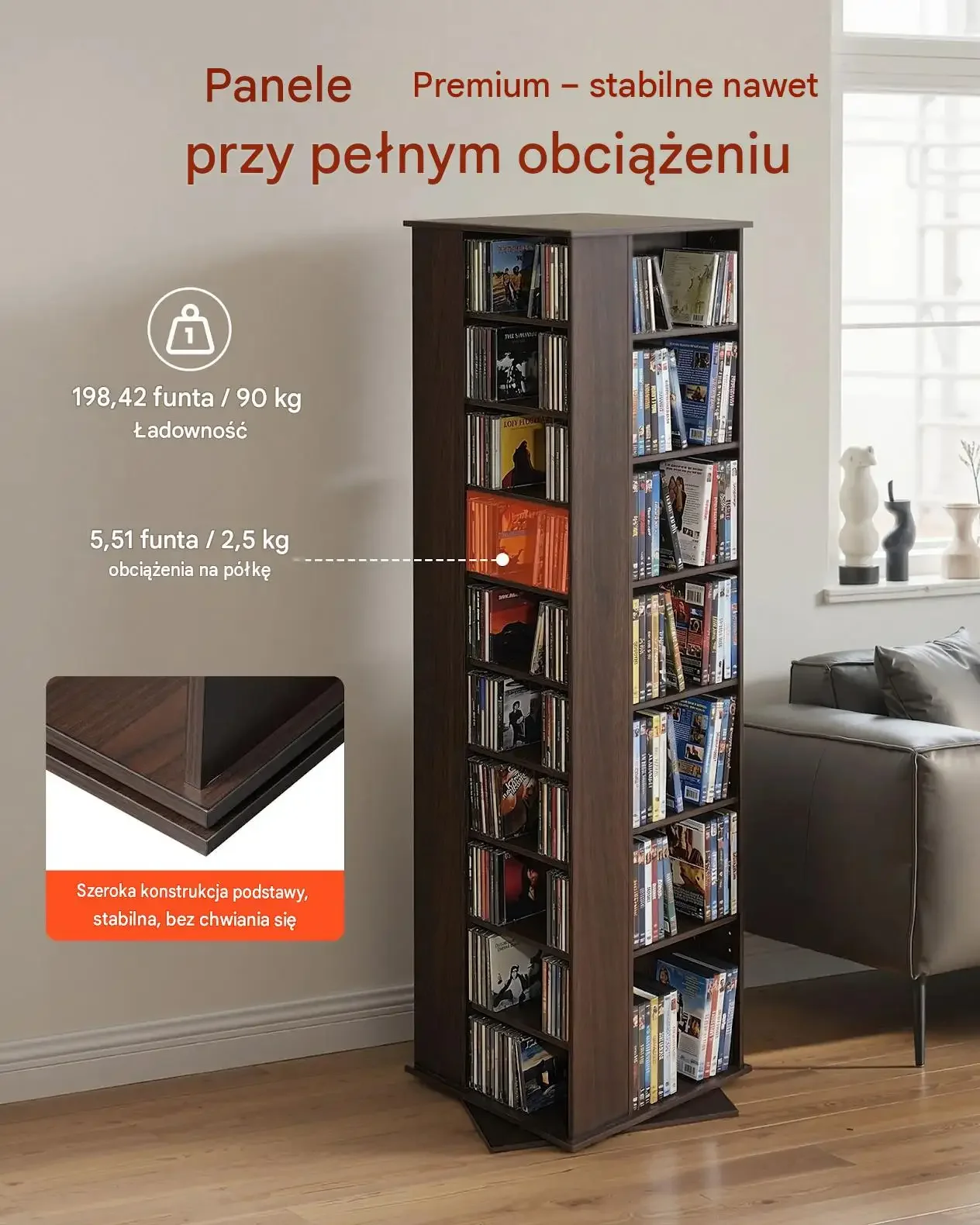 Wieża CD obrotowa brązowa 34 przegródki 163,6 cm regał DVD książki premium - obrazek 5
