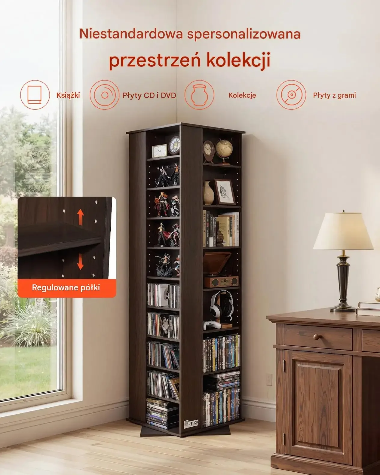 Wieża CD obrotowa brązowa 34 przegródki 163,6 cm regał DVD książki premium - obrazek 6