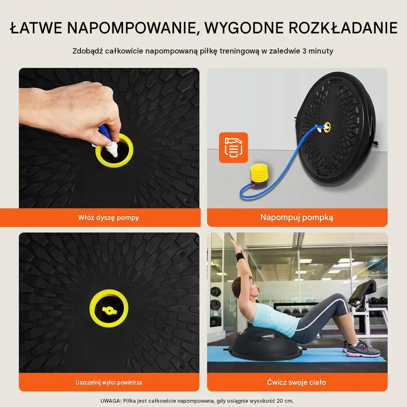 Antypoślizgowa piłka balansowa bosu fitness 64 cm 680 kg pompka czarna - obrazek 5